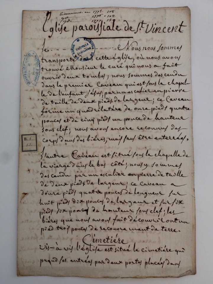 Archives du Rhône - Visites des vingt cimetières de la ville de Lyon et de ses Faubourgs, église paroissiale de Saint Vincent, rapport (1)