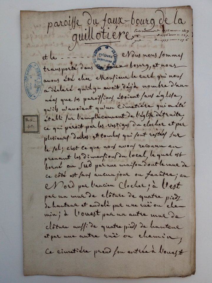 Archives du Rhône - Visites des vingt cimetières de la ville de Lyon et de ses Faubourgs, paroisse du faux-bourg de la Guillotière, rapport (1)