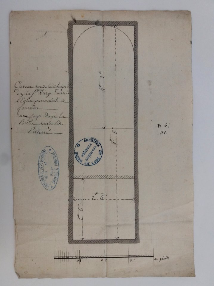 Archives du Rhône - Visites des vingt cimetières de la ville de Lyon et de ses Faubourgs, chapelle Saint-Thomas, plan du caveau sous la chapelle de la Sainte-Vierge