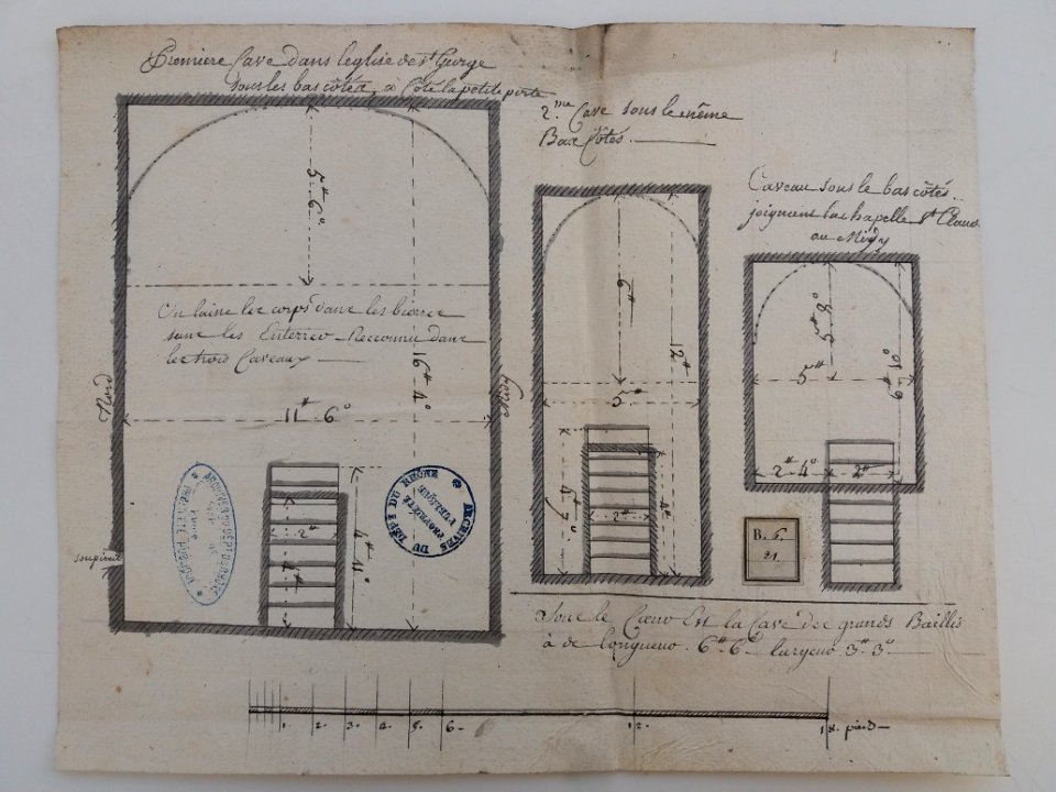 Archives du Rhône - Visites des vingt cimetières de la ville de Lyon et de ses Faubourgs, église Saint-George, plan des caves et caveaux