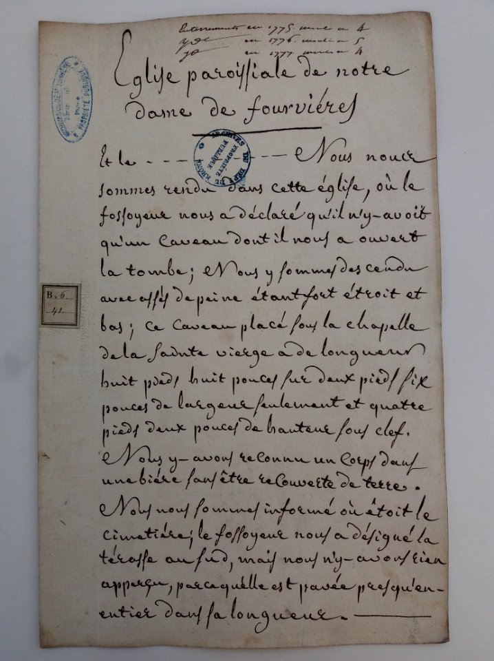 Archives du Rhône - Visites des vingt cimetières de la ville de Lyon et de ses Faubourgs, église paroissiale de Notre Dame de Fourvière, rapport