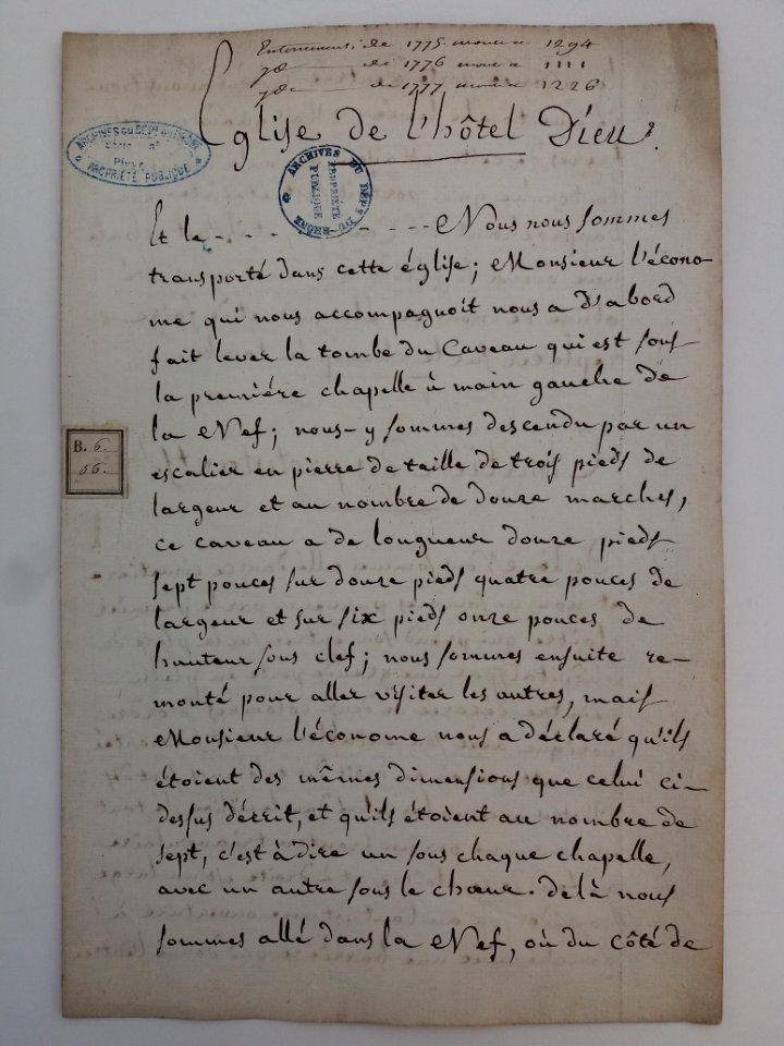 Archives du Rhône - Visites des vingt cimetières de la ville de Lyon et de ses Faubourgs, église de l'Hôtel Dieu, rapport (1)