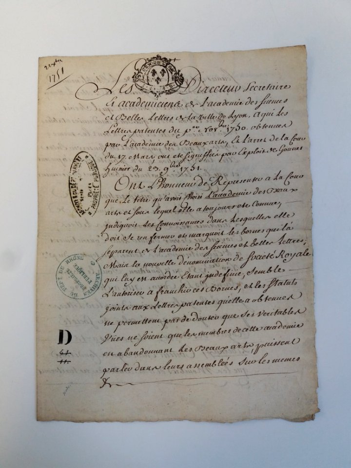 Archives du Rhône - 6D1 - L'Académie des sciences et belles lettres se voit accorder le titre de Société royale, décembre 1751 (1)