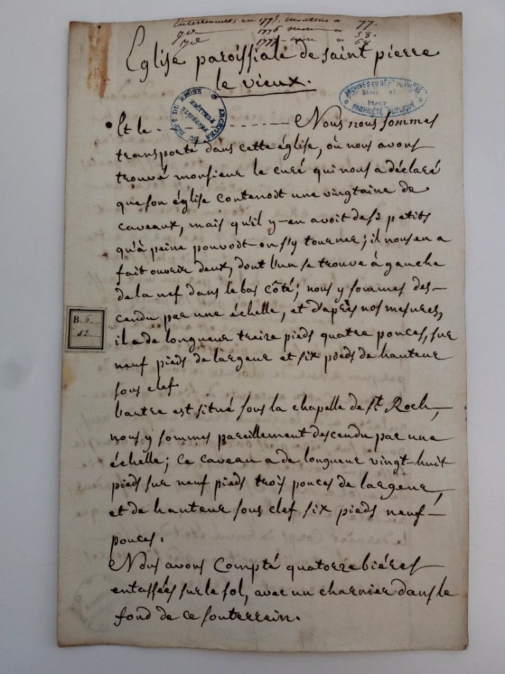 Archives du Rhône - Visites des vingt cimetières de la ville de Lyon et de ses Faubourgs, église paroissiale de Saint-Pierre-le-Vieux, rapport (1)