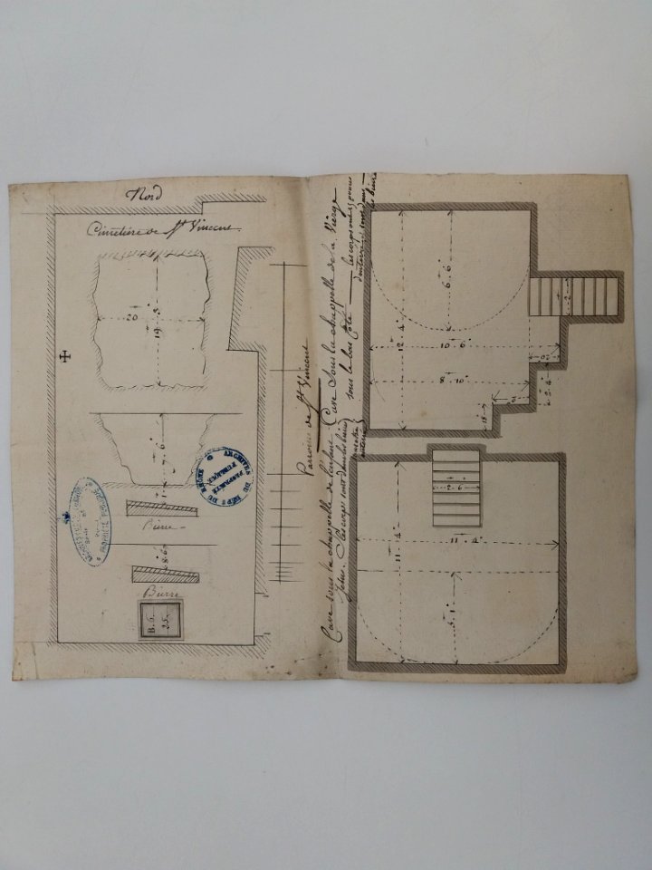Archives du Rhône - Visites des vingt cimetières de la ville de Lyon et de ses Faubourgs, église de Saint-Vincent, plan du cimetière et des caves
