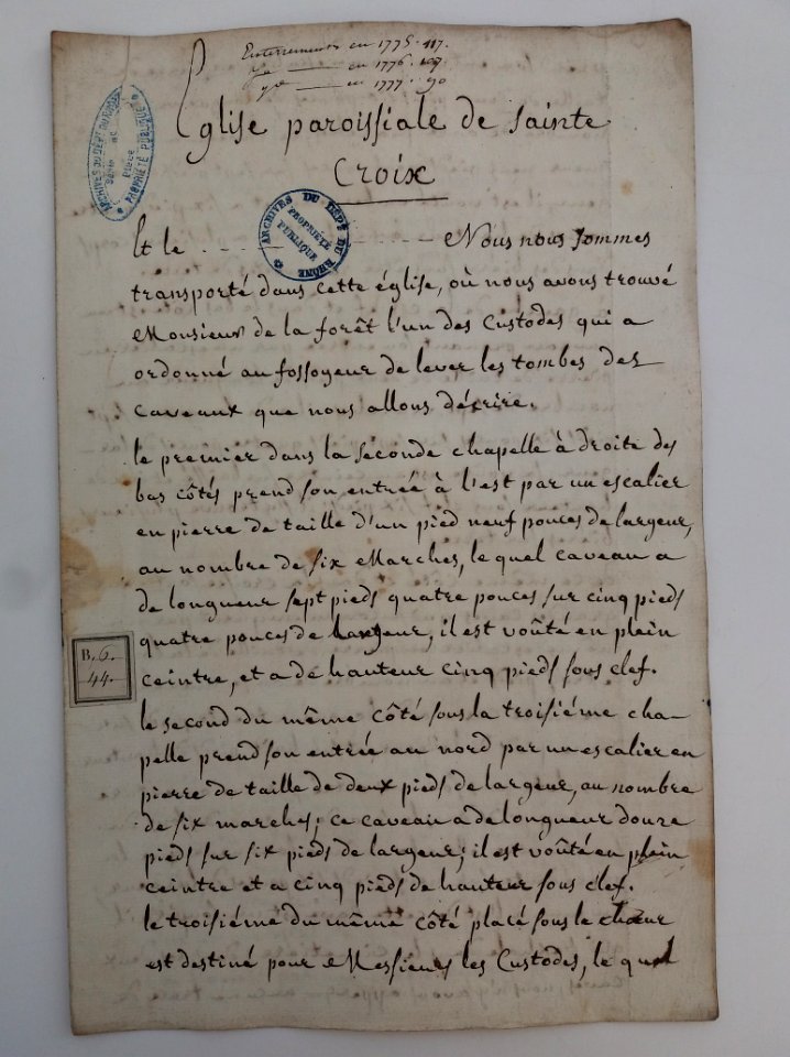 Archives du Rhône - Visites des vingt cimetières de la ville de Lyon et de ses Faubourgs, église paroissiale de Sainte Croix, rapport (1)