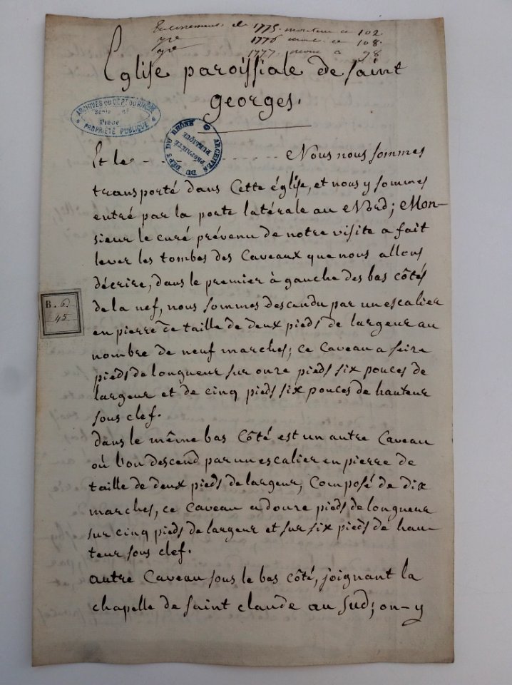 Archives du Rhône - Visites des vingt cimetières de la ville de Lyon et de ses Faubourgs, église paroissiale de Saint Georges, rapport (1)