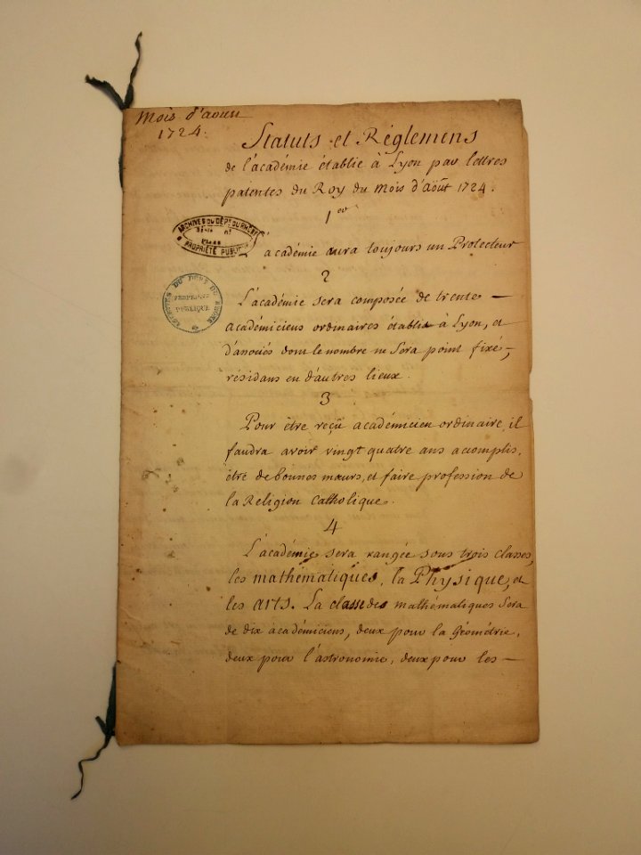 Archives du Rhône - 6D1 - Statuts et réglements de l'Académie des sciences, août 1724 (01)