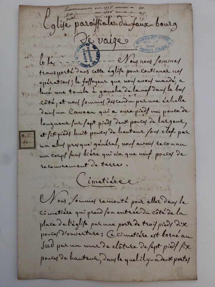 Archives du Rhône - Visites des vingt cimetières de la ville de Lyon et de ses Faubourgs, église paroissiale de faux-bourg de Vaise, rapport (1)