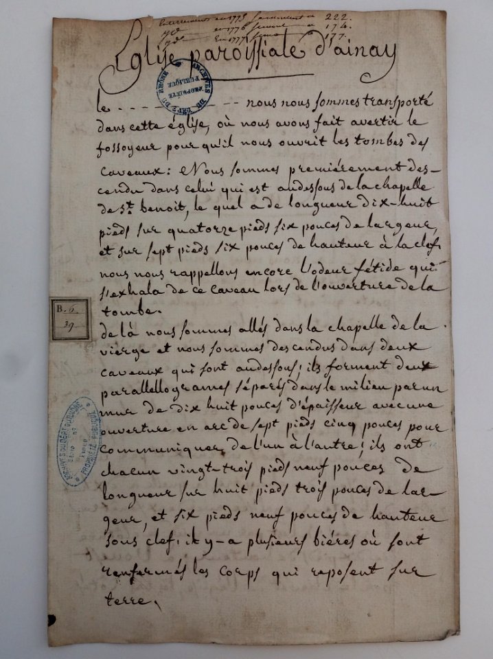 Archives du Rhône - Visites des vingt cimetières de la ville de Lyon et de ses Faubourgs, église paroissiale d'Ainay, rapport (1)