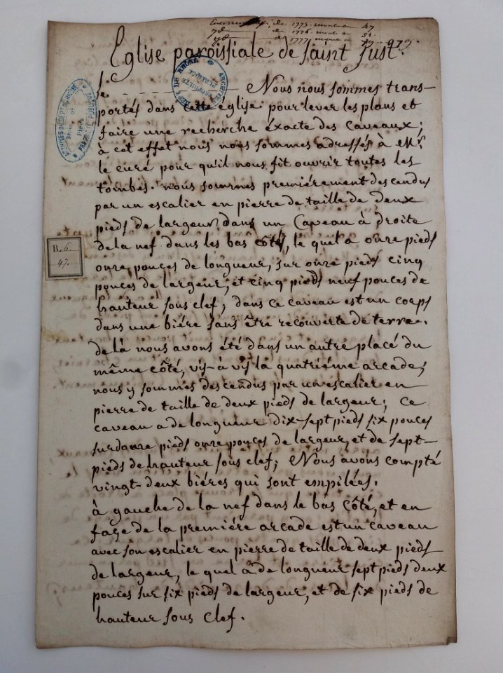 Archives du Rhône - Visites des vingt cimetières de la ville de Lyon et de ses Faubourgs, église paroissiale de Saint Just, rapport (1)