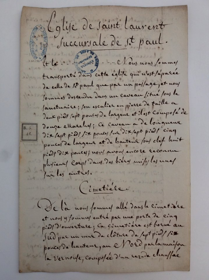 Archives du Rhône - Visites des vingt cimetières de la ville de Lyon et de ses Faubourgs, église de Saint Laurent succursale de Saint Paul, rapport (1)