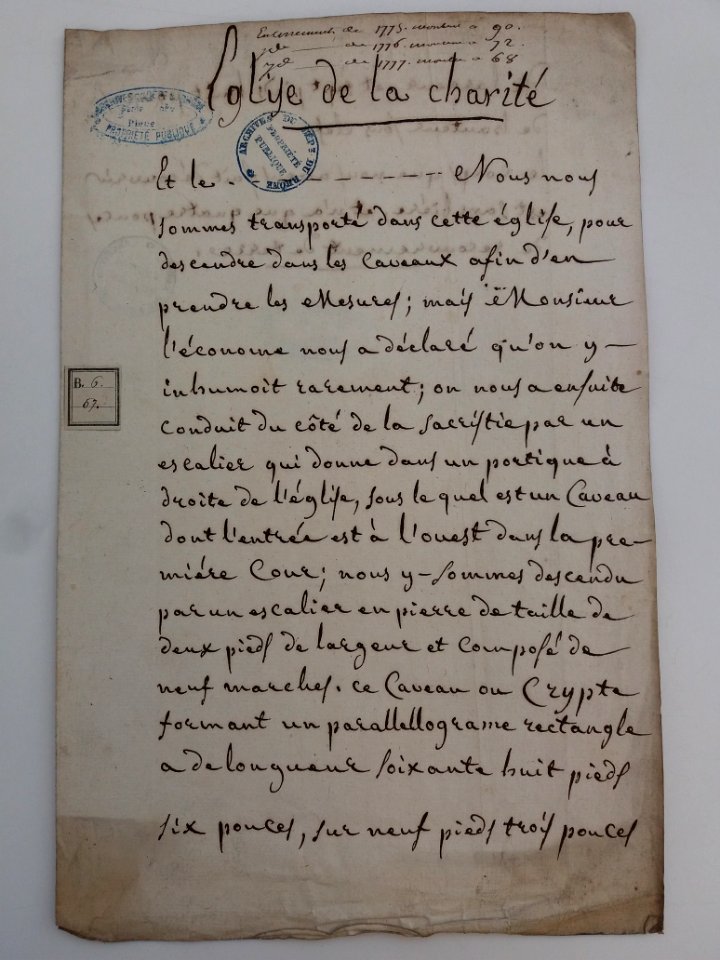 Archives du Rhône - Visites des vingt cimetières de la ville de Lyon et de ses Faubourgs, église de la Charité, rapport (1)