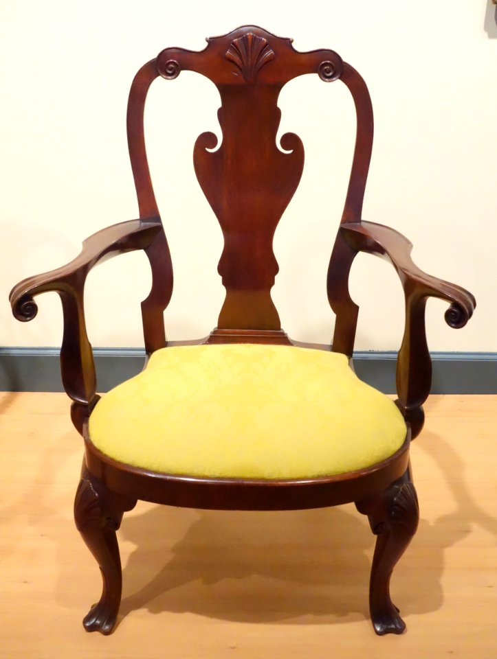 Armchair, maker unknown, Philadelphia, c. 1760, mahogany, other woods, modern upholstery - Brooklyn Museum - DSC09269