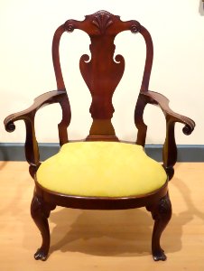 Armchair, maker unknown, Philadelphia, c. 1760, mahogany, other woods, modern upholstery - Brooklyn Museum - DSC09269
