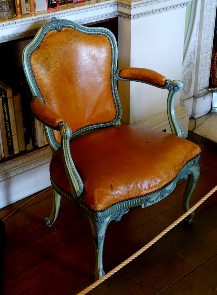 Arm chair, Thomas Chippendale, c. 1771, wood, yellow Morocco leather - Harewood House - West Yorkshire, England - DSC01591