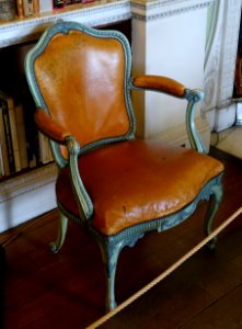 Arm chair, Thomas Chippendale, c. 1771, wood, yellow Morocco leather - Harewood House - West Yorkshire, England - DSC01591