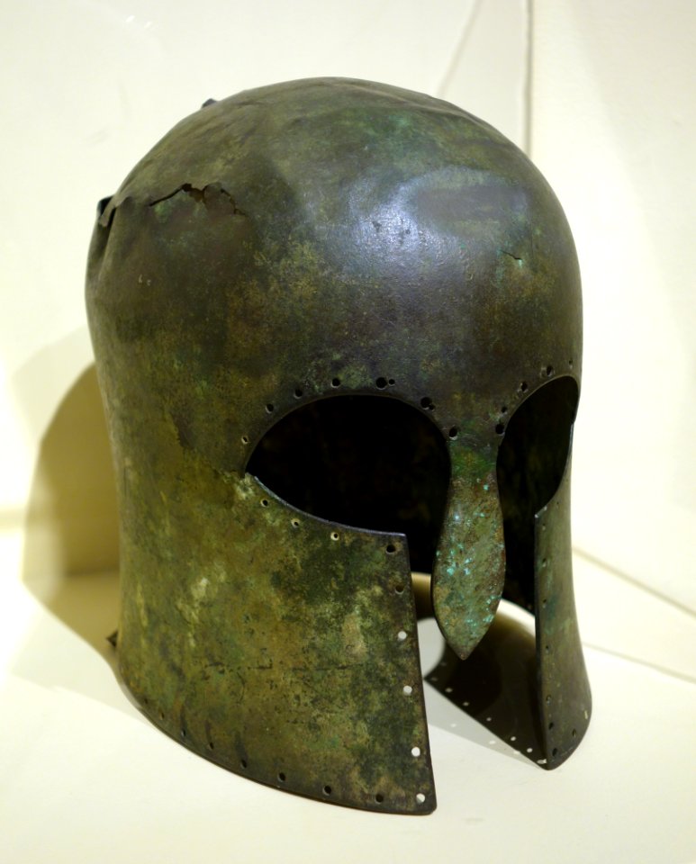 Battle helmet, Greek, Corinthian period, 690-680 BC, bronze - Fitchburg Art Museum - DSC08693