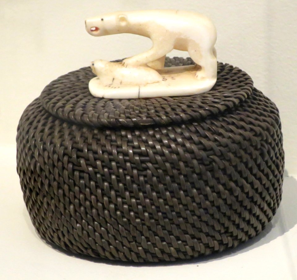 Basket with bear and seal carving by George Omnik, Point Hope, Alaska, Eskimo, HAA