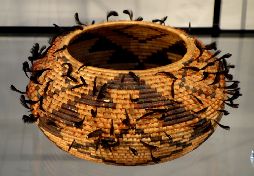 Basket, Pomo people, Northwestern California, c. 1900, willow, sedge, bulrush roots, glass beads, quail feathers - Chazen Museum of Art - DSC01845