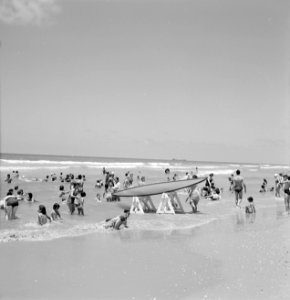 Badgasten in de branding van zee (in het midden staat een surfplank op schragen), Bestanddeelnr 255-1984