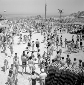 Badgasten op het strand, op de voorgrond een rij strandstoelen, Bestanddeelnr 255-1954