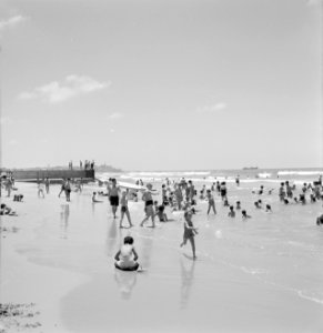 Badgasten in zee (in het midden iemand met een surfplank), Bestanddeelnr 255-1983