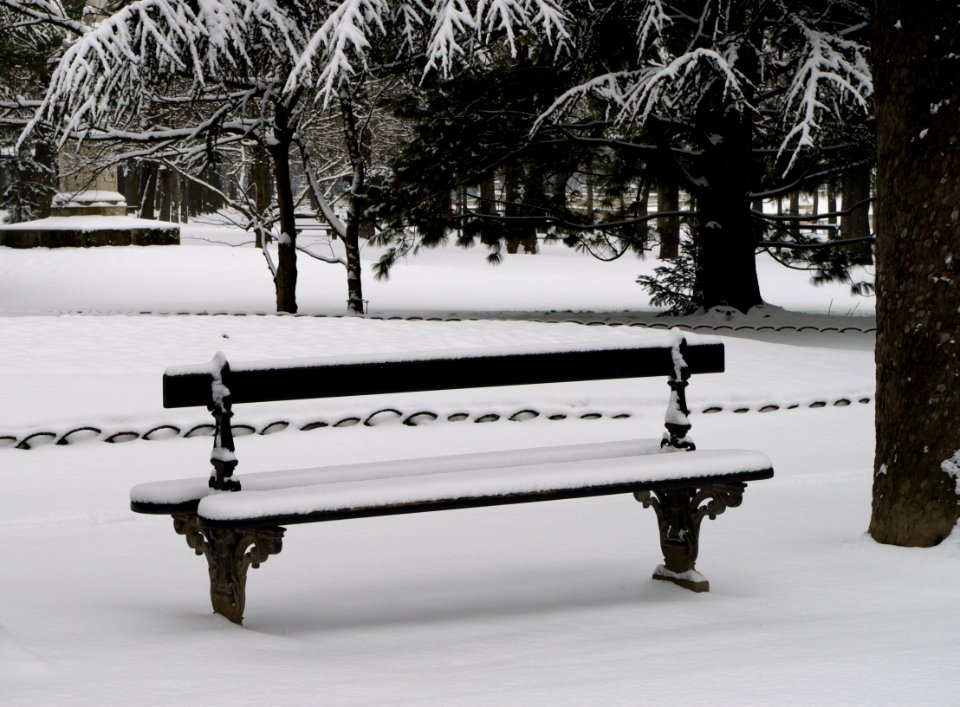 Banc sous la neige au Jardin du Luxembourg