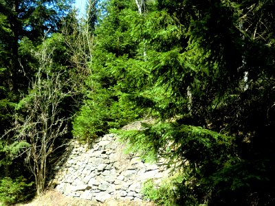 Bahndamm Stützwand aus Natursteintrockenmauerwerk.km 59