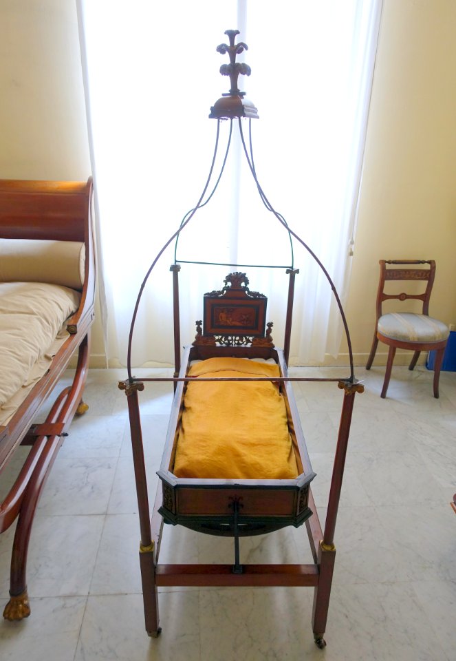 Baby cot, Catalonia, c. 1820 AD, mahogany, gilded brass - Museo Nacional de Artes Decorativas - Madrid, Spain - DSC08461