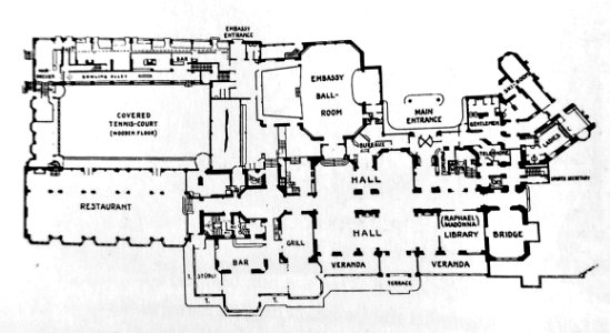 Badrutt's Palace, St Moritz, plan of ground floor - reprinted in Grand Hotels, Reality and Illusion by Elaine Denby - DSC03828