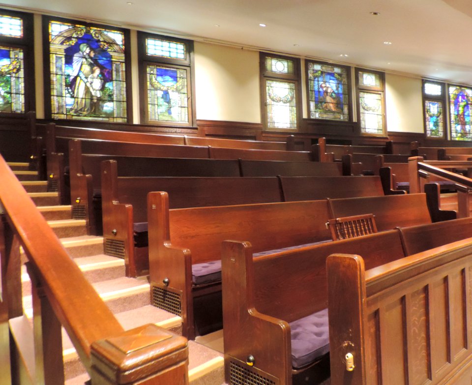 Back pews & stained glass NYSEC Concert hall jeh
