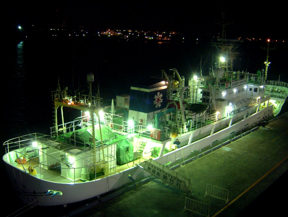 Back view of Wakatakemaru a fishery training vessel of Hokkaido Goverment Board of Education at night