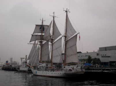 Back view of Sail drill of Sail ship Akogare at port of Yokohama