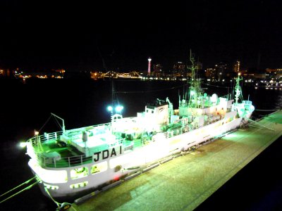 Back style of Syonan-maru, a training ship of Kanagawa Prefectural Marine Science High School ,at the Osanbashi Pier of Yokohama Port