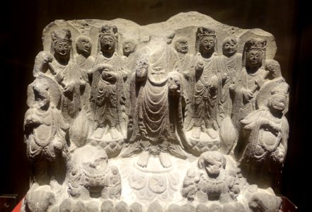 Back screen images, China, unearthed from Wanfo Temple, Chengdu, 5th year of the Zhongdatong reign of the Liang, Southern Dynasties, 533 AD, sandstone - Sichuan Provincial Museum - Chengdu, China - DSC04543