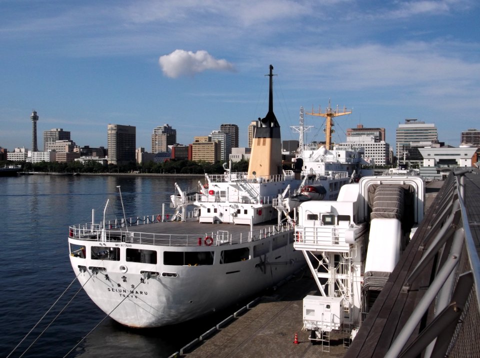 Back view of Seiun-maru a training ship of Japan agency of Maritime Education and Training for Seafarers(JMETS) at the Osanbashi of Yokohama Port