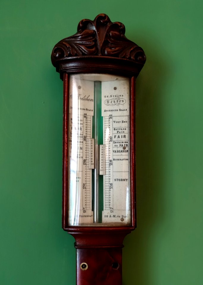 Barometer by Charles Frodsham, view 2, London, date unknown, mahogany, mercury, metal, glass - Shugborough Hall - Staffordshire, England - DSC00451
