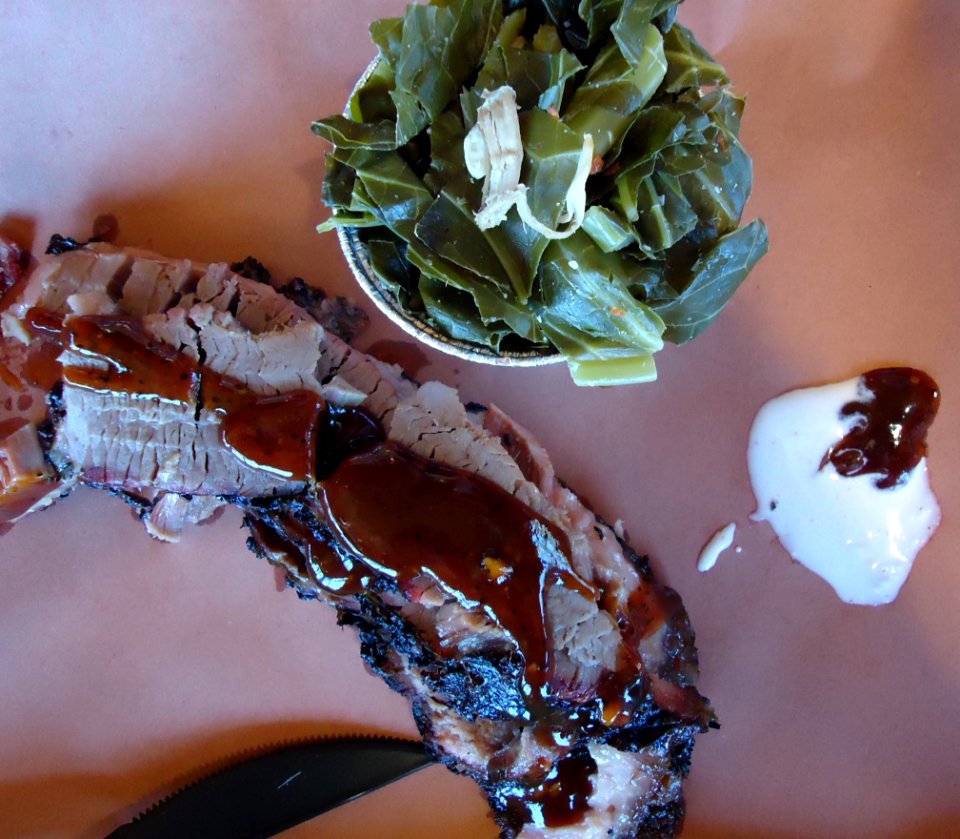 Barbecue and collard greens lunch meal at Red White and Que restaurant in New Jersey