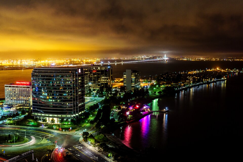 Bay bridge night buildings photo