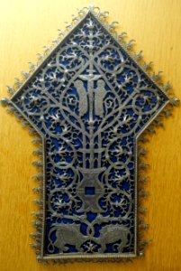 Base of a door handle with crucifixion and mythical creatures, Germany, 15th century, iron - Germanisches Nationalmuseum - Nuremberg, Germany - DSC03674