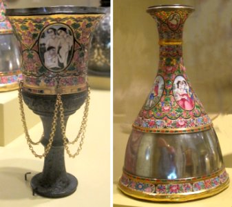 Base and bowl of a water pipe, signed Abu'l Qasim ibn Mirza Muhammad, Iran, late 19th century, gold, silver, enamel and wood, HAA