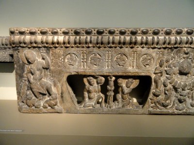 Base of a funerary couch (shichuang) with Sogdian scenes, view 3, Henan province, probably Ce xian, China, Period of Division, Northern Qi dynasty, 550-577 AD, marble with pigment - Freer Gallery of Art -
