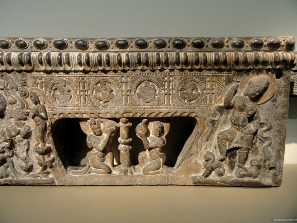 Base of a funerary couch (shichuang) with Sogdian scenes, view 5, Henan province, probably Ce xian, China, Period of Division, Northern Qi dynasty, 550-577 AD, marble with pigment - Freer Gallery of Art -
