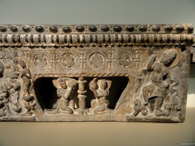 Base of a funerary couch (shichuang) with Sogdian scenes, view 5, Henan province, probably Ce xian, China, Period of Division, Northern Qi dynasty, 550-577 AD, marble with pigment - Freer Gallery of Art -