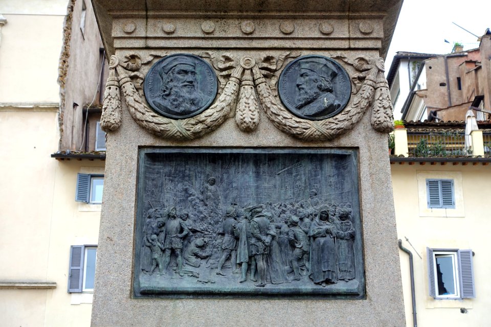 Base of Giordano Bruno monument by Ettore Ferrari, side 4 of 4, 1889 - Rome, Italy - DSC09723