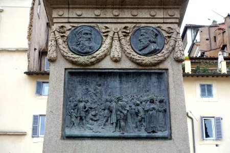 Base of Giordano Bruno monument by Ettore Ferrari, side 4 of 4, 1889 - Rome, Italy - DSC09723