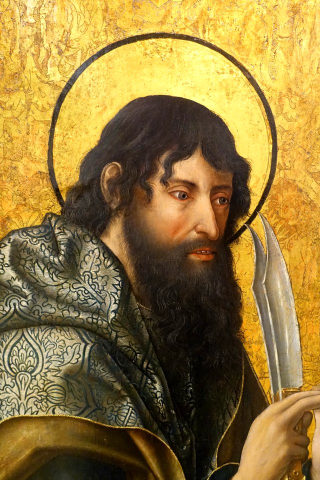 Bartholomew from St. Bartholomew and St. John the Evangelist, by Fernando Gallego, 1480-1488, predella, oil on panel - University of Arizona Museum of Art - University of Arizona - Tucson, AZ - DSC08292