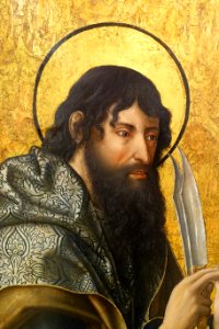 Bartholomew from St. Bartholomew and St. John the Evangelist, by Fernando Gallego, 1480-1488, predella, oil on panel - University of Arizona Museum of Art - University of Arizona - Tucson, AZ - DSC08292