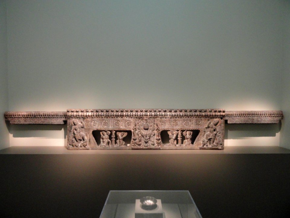 Base of a funerary couch (shichuang) with Sogdian scenes, view 1, Henan province, probably Ce xian, China, Period of Division, Northern Qi dynasty, 550-577 AD, marble with pigment - Freer Gallery of Art - DSC05620